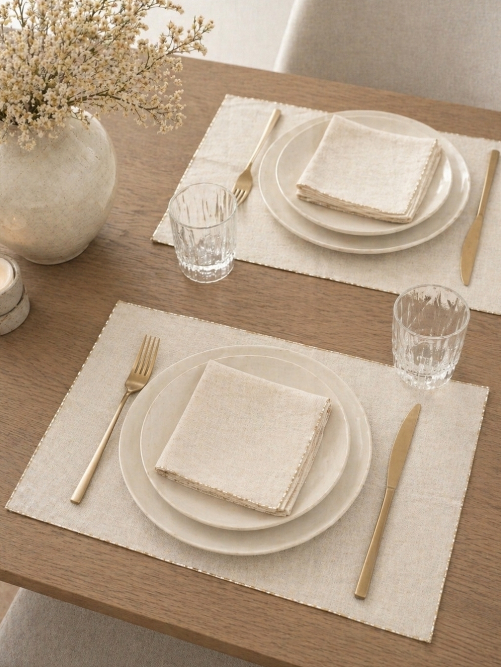 VTG Pure Linen Placemats & Napkins Set  Natural Flax Luncheon Linens Coastal